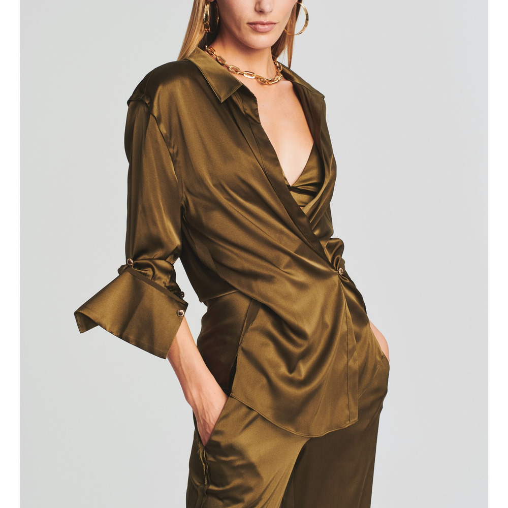 SER.O.YA Olive Satin Wrap Blouse